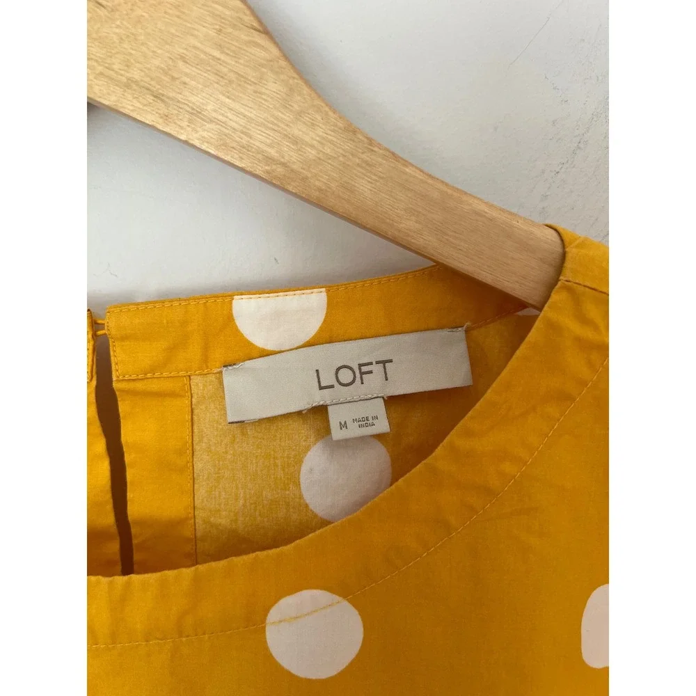LOFT Polka Dot Blouse Yellow Puff Sleeve Retro Cotton Top Dopamine Mod Sunny M